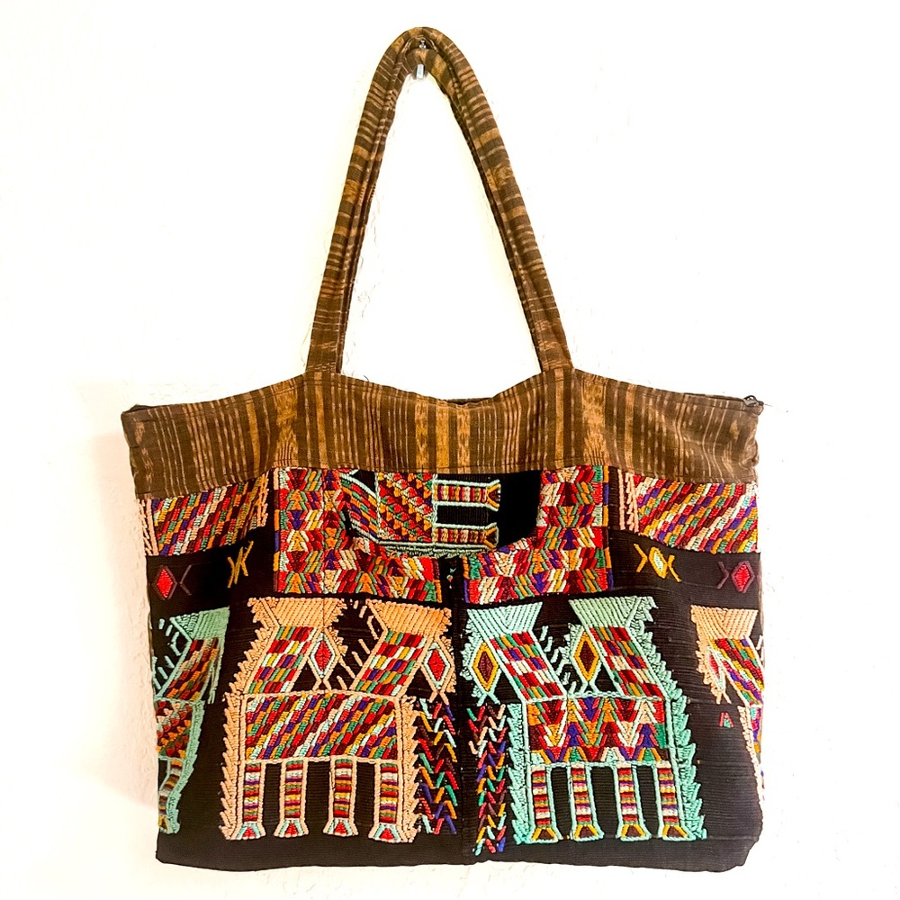 Boho OOAK Extra Large XL Ikat Embroidered Lined Tote Zip Closure Front Pockets